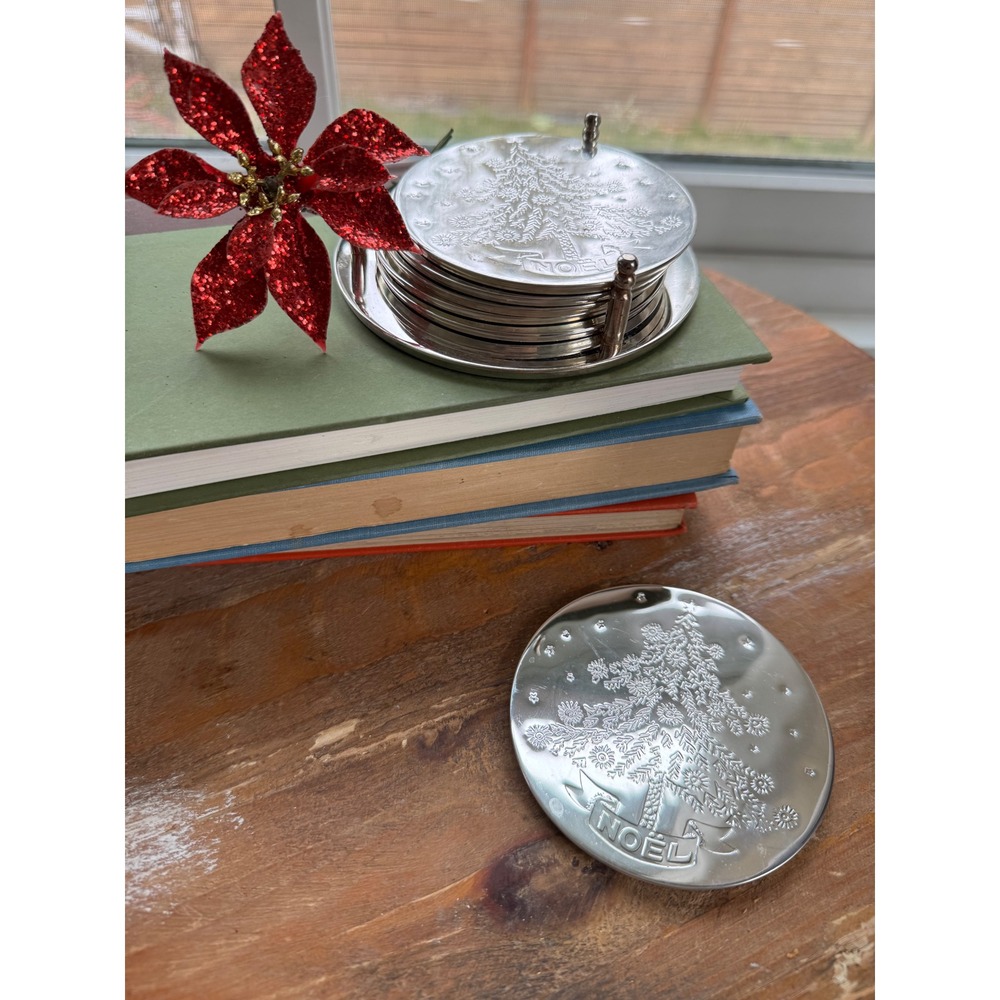 Wm Rogers & Son Silverplated 7 Pc Christmas Tree Noel Coaster Set with Holder